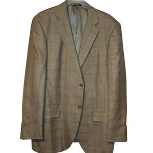 T. Harris Mens Blazer Jacket Windowpane 2-Button Double Vent Silk Wool Brown 44L